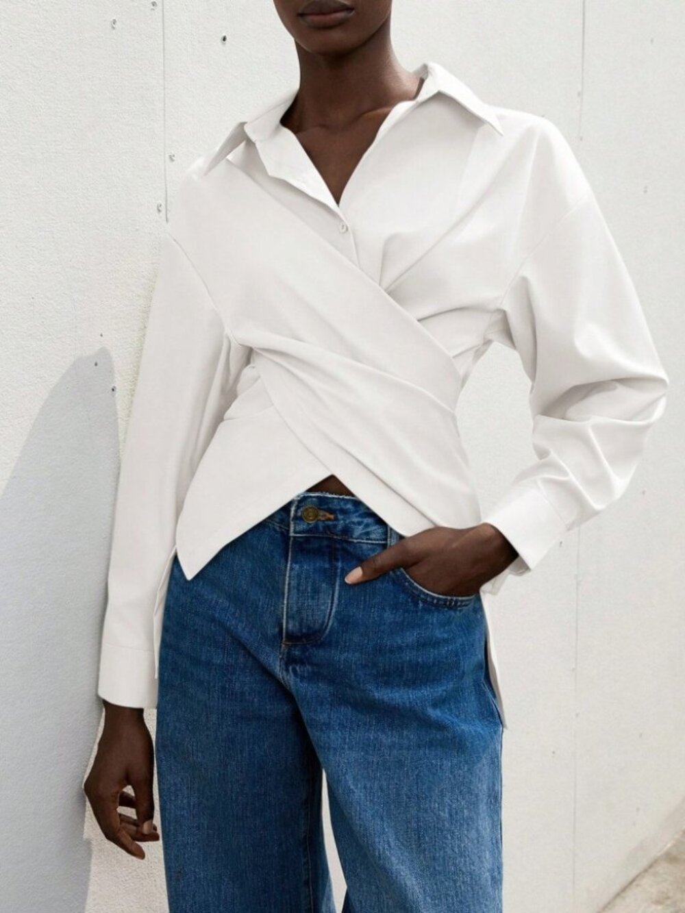 White Wrap Front Collared Shirt with Twist Hem